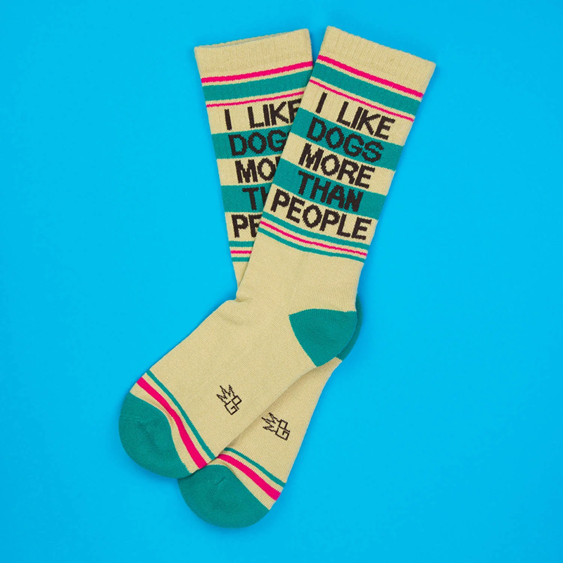 I Like Dogs More Than People funny dog socks with teal accents and pink striped details
