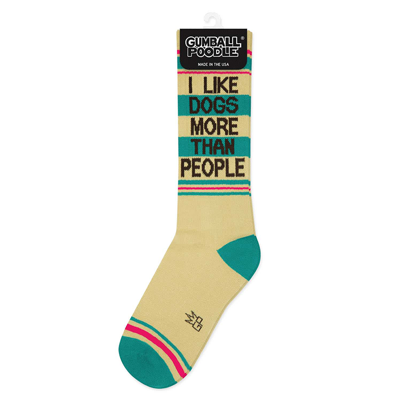 I Like Dogs More Than People yellow gym sock with teal and pink stripes in retail packaging