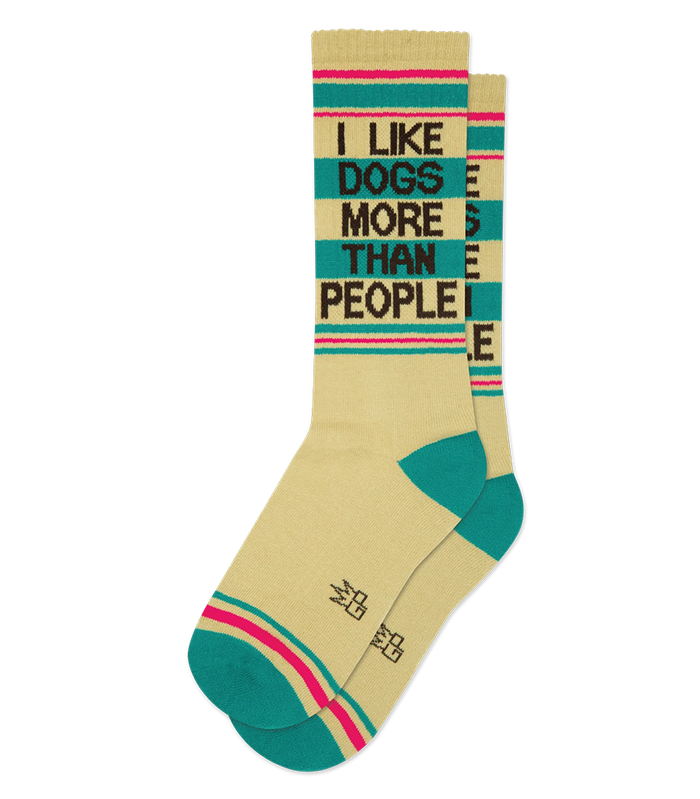I Like Dogs More Than People gym socks in light khaki yellow with teal heels and toes