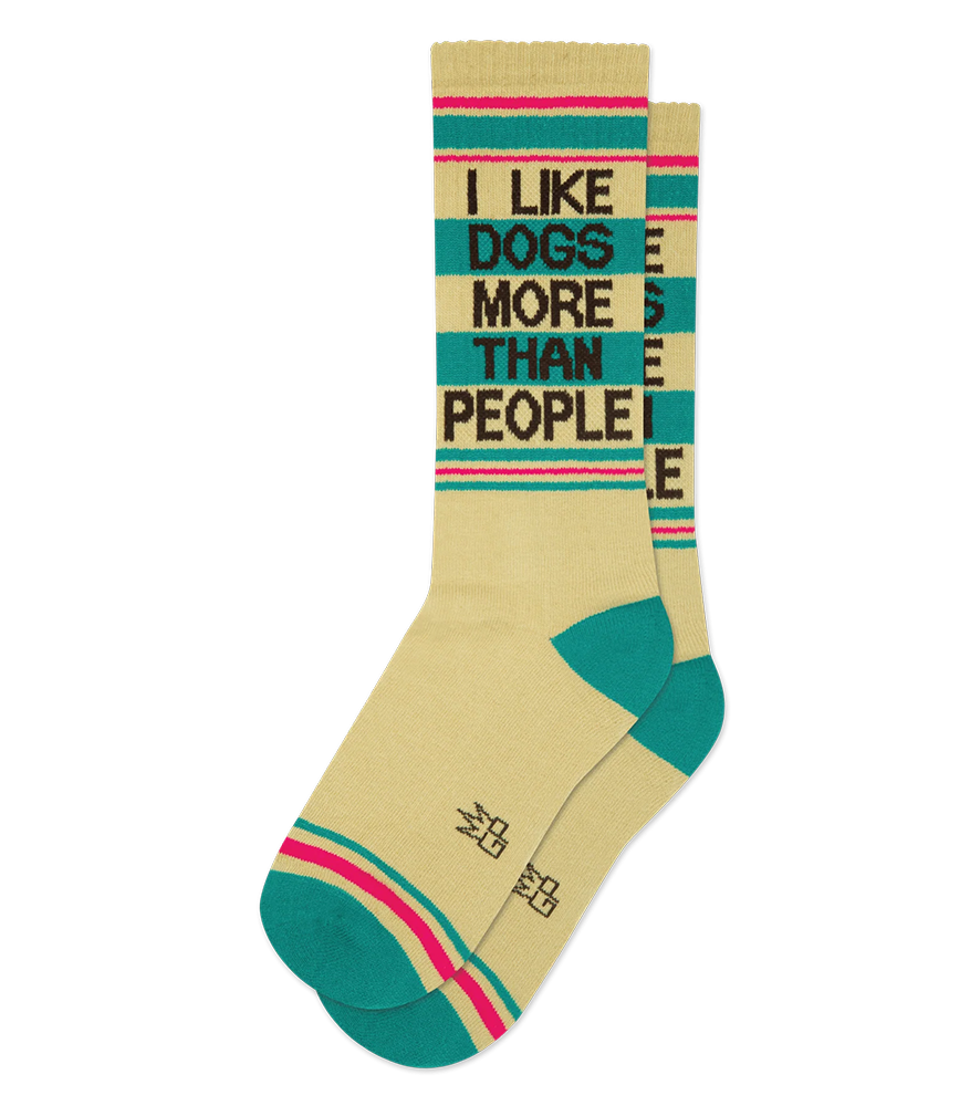 I Like Dogs More Than People gym socks in light khaki yellow with teal heels and toes