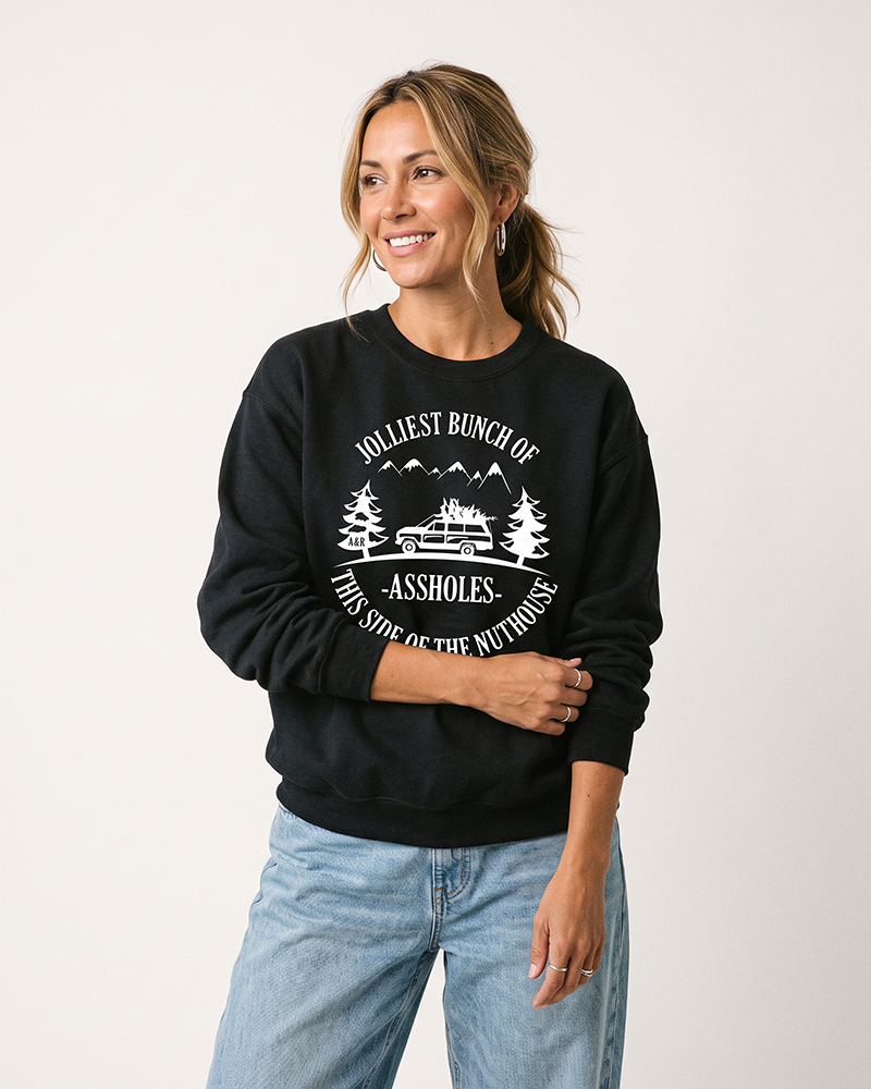 Woman modeling black Jolliest Bunch of Assholes funny holiday sweatshirt