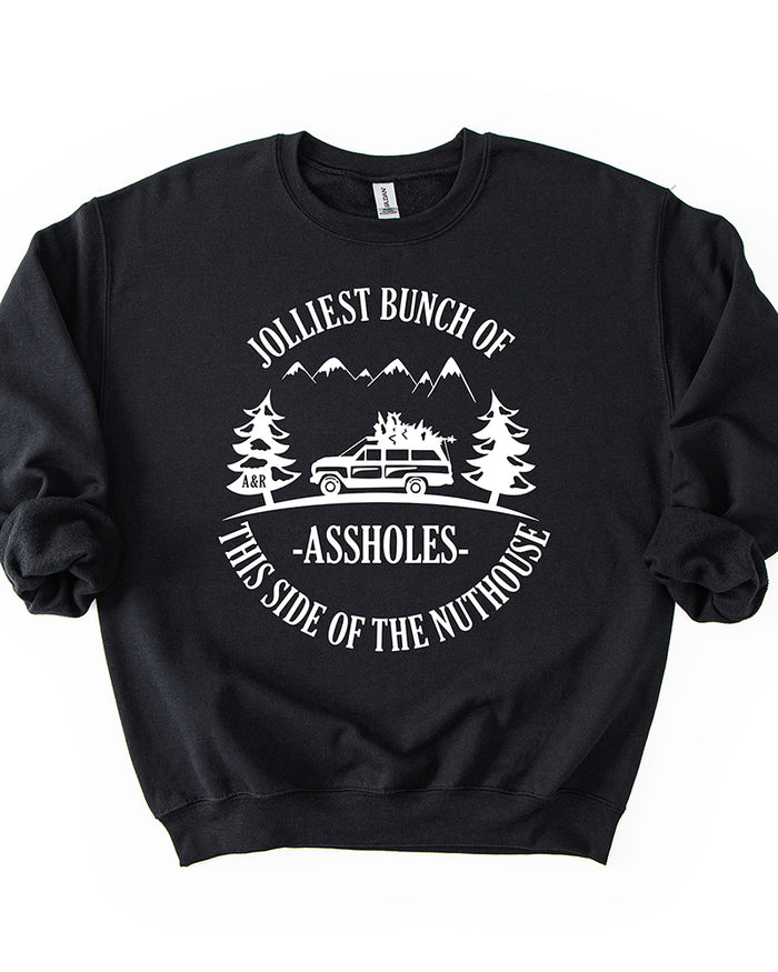 Black Jolliest Bunch of Assholes Christmas crewneck sweatshirt with white graphic