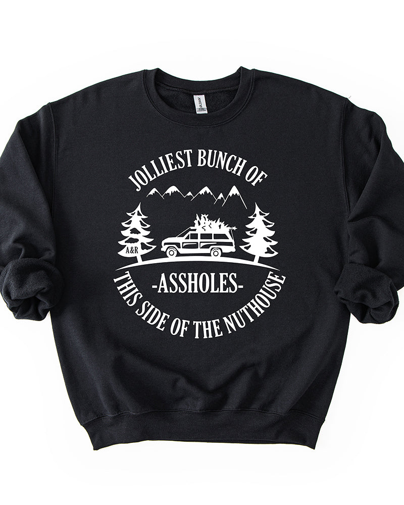 Black Jolliest Bunch of Assholes Christmas crewneck sweatshirt with white graphic