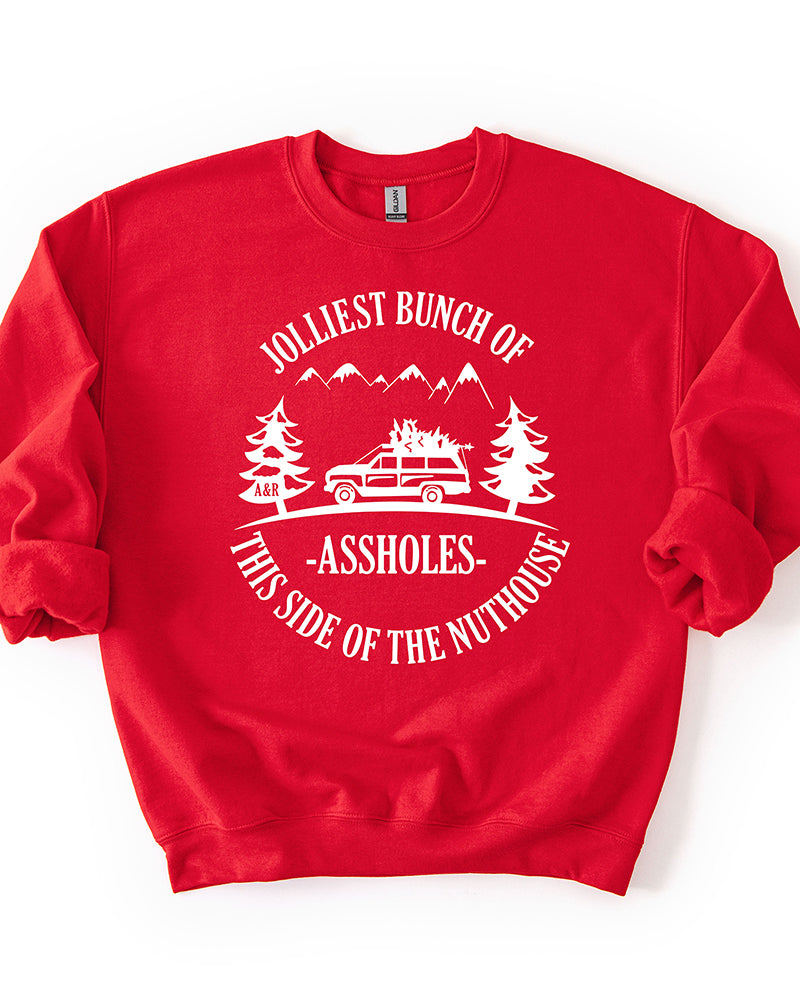 Red Jolliest Bunch of Assholes Christmas Vacation sweatshirt with white graphic