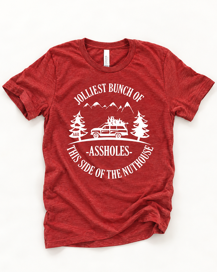 Heather red Jolliest Bunch of Assholes funny Christmas graphic tee