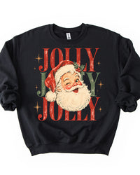 Black vintage Santa Christmas crewneck sweatshirt with distressed red and green Jolly lettering and winking Santa graphic.
