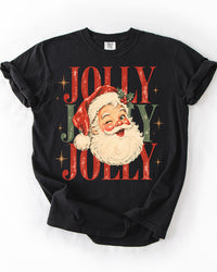 Black Comfort Colors heavyweight Christmas tee with vintage winking Santa graphic and distressed red and green Jolly Jolly Jolly lettering.