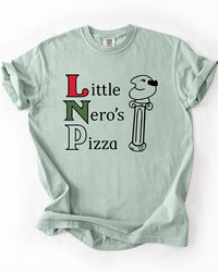 Bay green Little Nero's Pizza heavyweight tee featuring a retro red, green and black Home Alone inspired graphic.