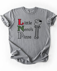 Grey Little Nero's Pizza heavyweight cotton t-shirt with vintage-inspired Christmas movie graphic