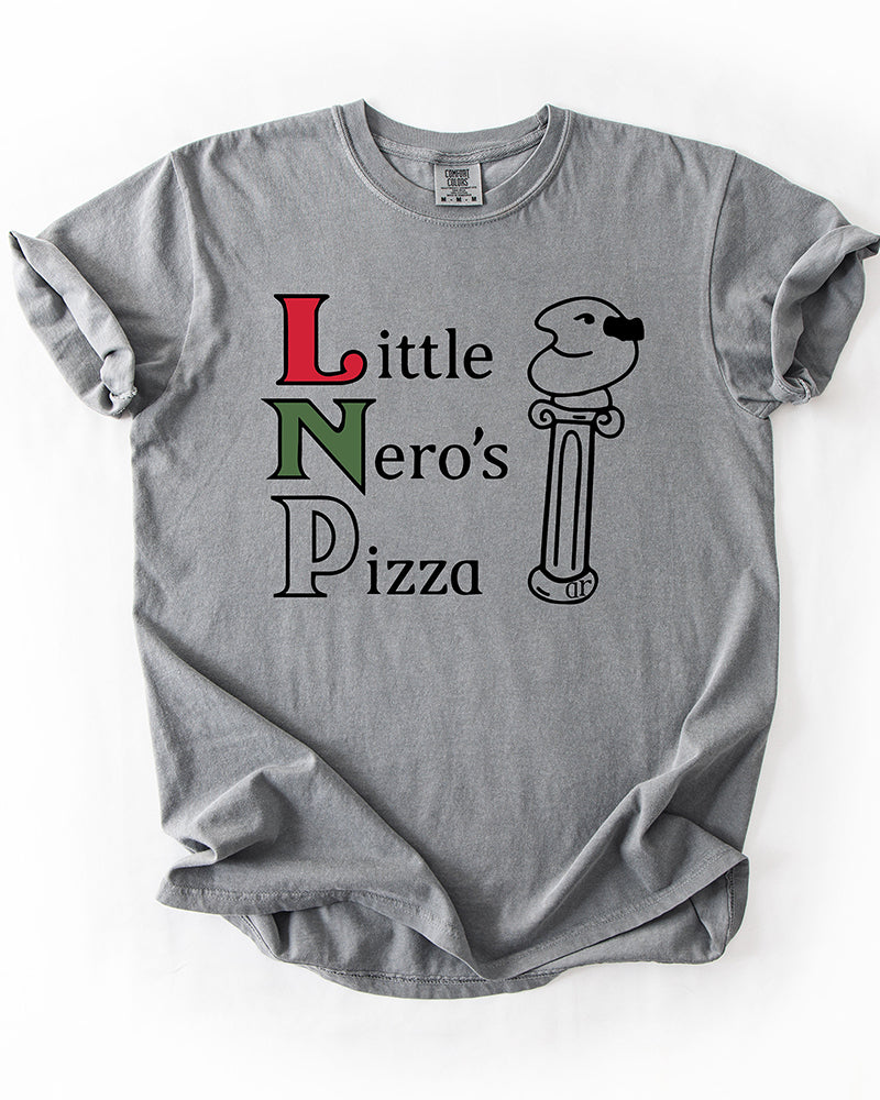 Grey Little Nero's Pizza heavyweight cotton t-shirt with vintage-inspired Christmas movie graphic