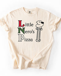Ivory Little Nero's Pizza heavyweight tee featuring red, green and black retro pizza restaurant lettering.