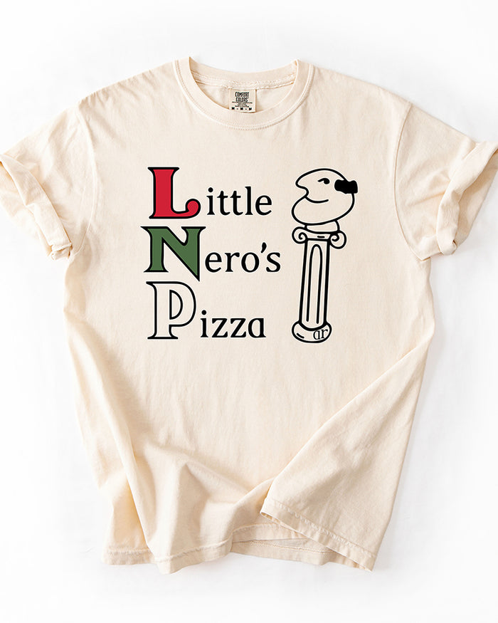 Ivory Little Nero's Pizza heavyweight tee featuring red, green and black retro pizza restaurant lettering.