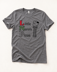 Heather gray Little Nero's Pizza lightweight triblend tee with red, green and black graphic.