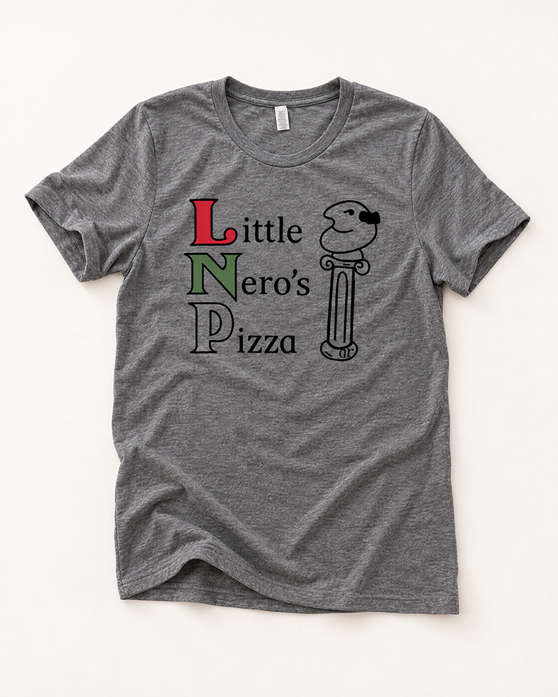 Heather gray Little Nero's Pizza lightweight triblend tee with red, green and black graphic.