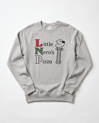 Athletic heather Little Nero's Pizza crewneck sweatshirt with raglan sleeves and retro Christmas movie graphic.