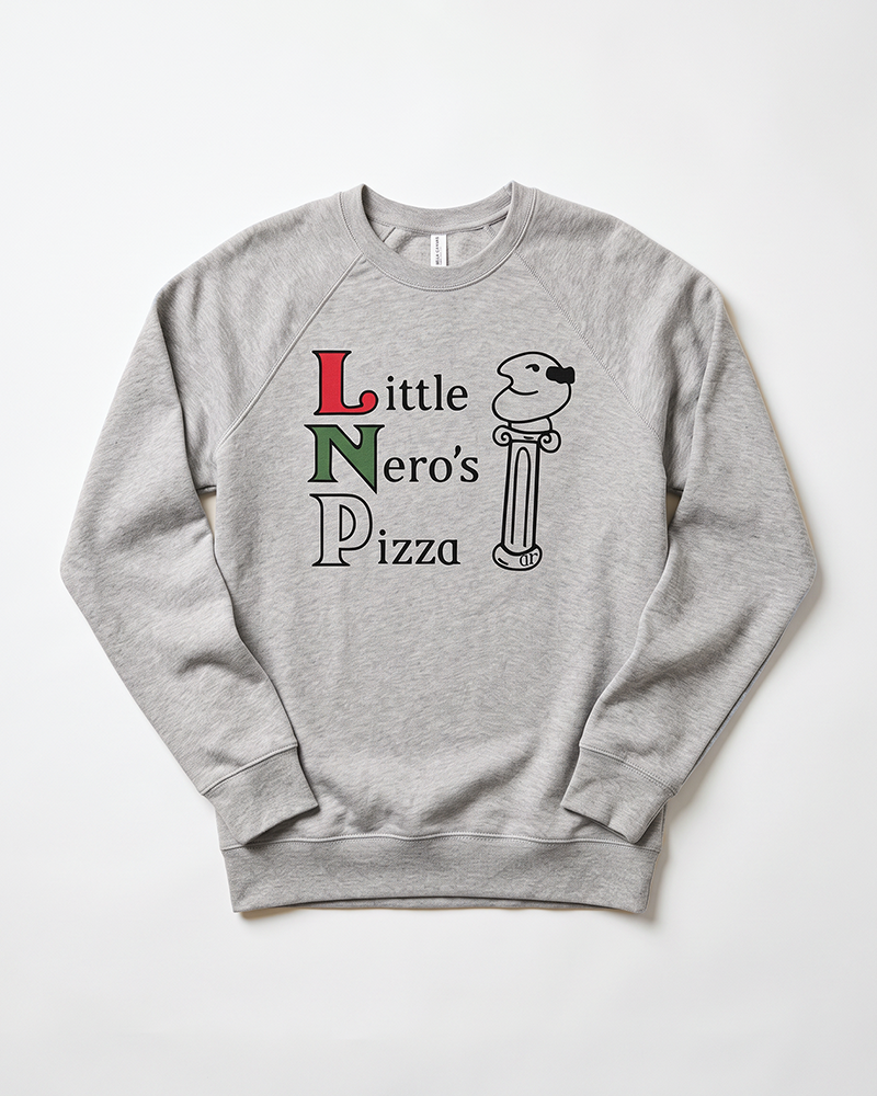 Athletic heather Little Nero's Pizza crewneck sweatshirt with raglan sleeves and retro Christmas movie graphic.