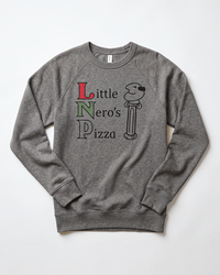 Grey triblend Little Nero's Pizza raglan sweatshirt with red, green and black Home Alone inspired graphic.