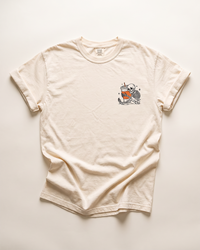 Ivory Comfort Colors coffee tee with small skeleton and iced coffee front graphic