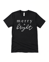 Black Merry + Bright holiday graphic t-shirt with white lettering