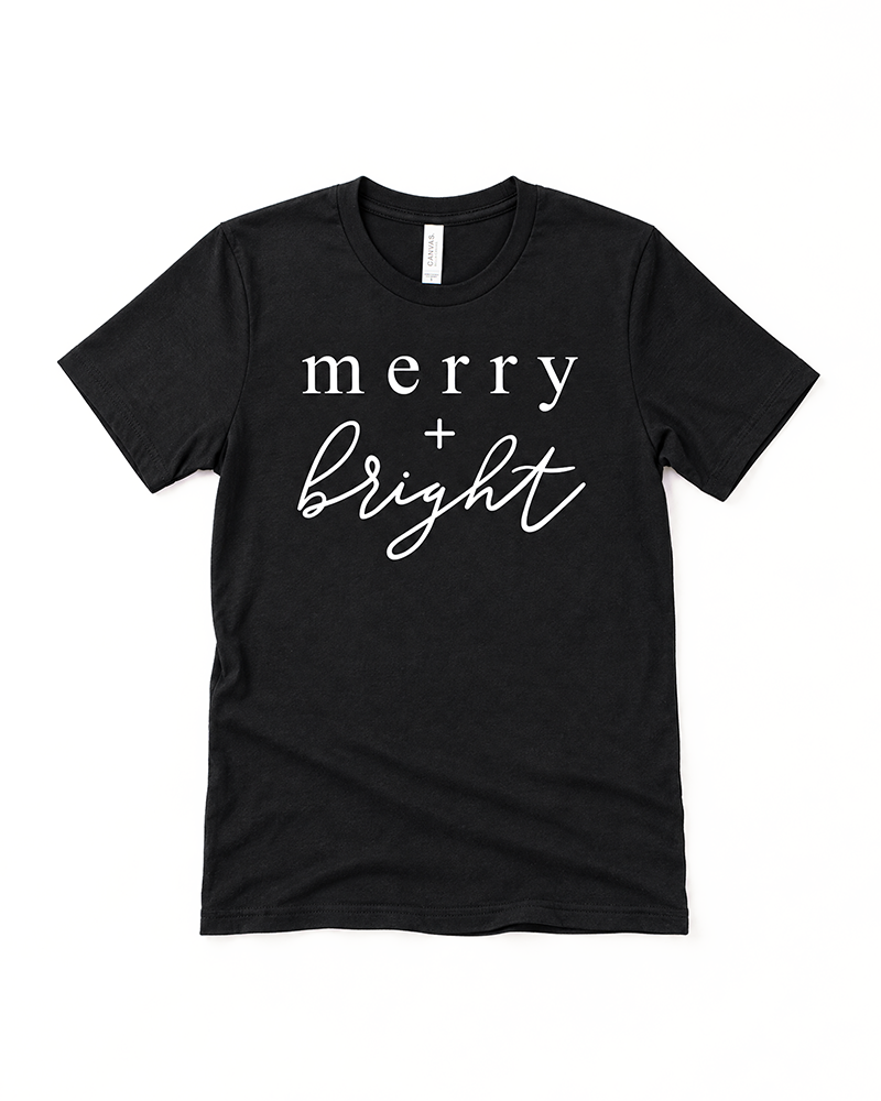 Black Merry + Bright holiday graphic t-shirt with white lettering