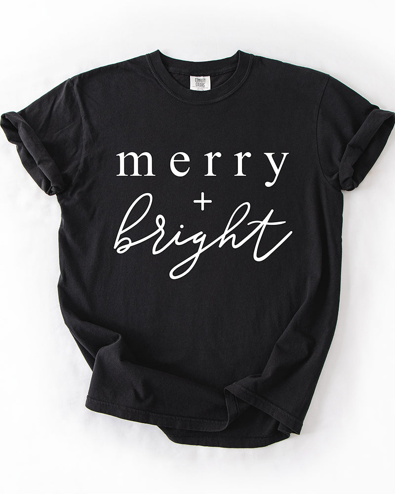 Black Merry + Bright heavyweight Christmas graphic tee with white lettering