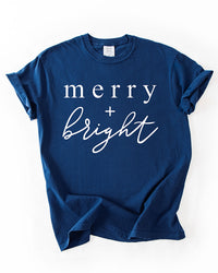 True navy Merry + Bright heavyweight Christmas graphic t-shirt
