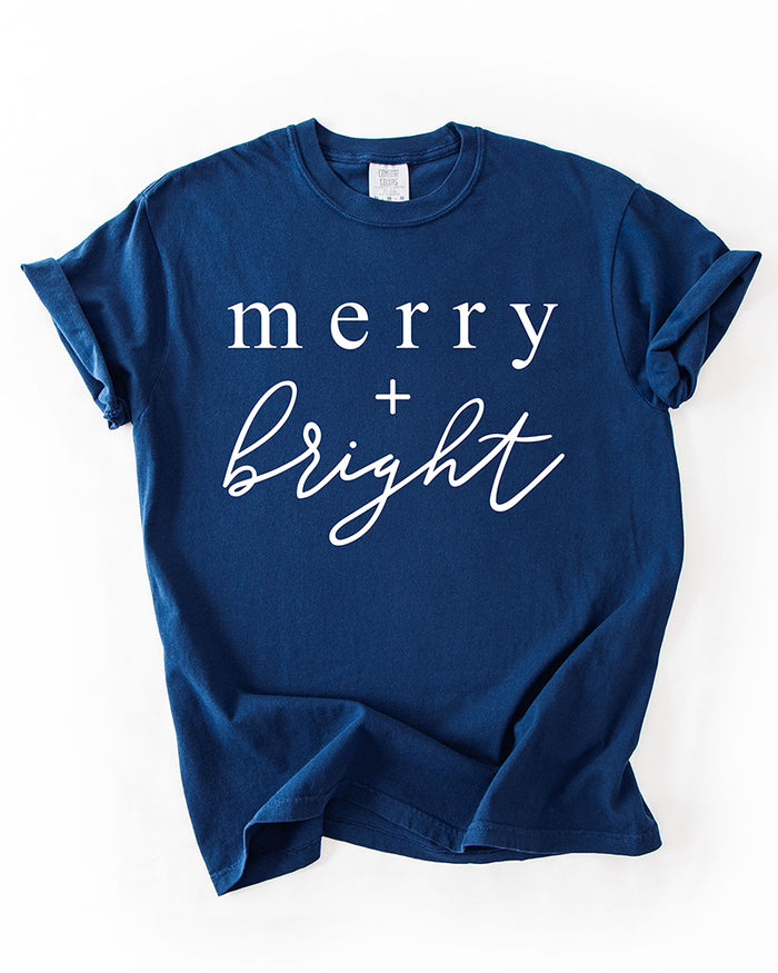 True navy Merry + Bright heavyweight Christmas graphic t-shirt