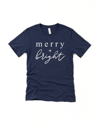 Navy Merry + Bright Christmas graphic tee with white lettering