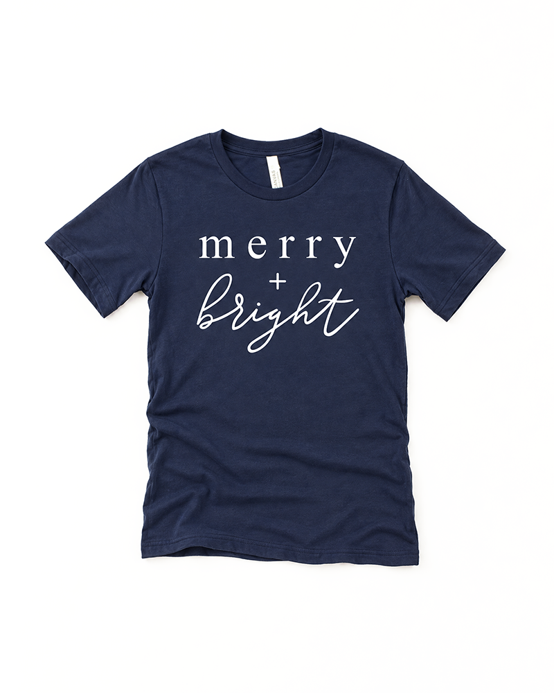 Navy Merry + Bright Christmas graphic tee with white lettering