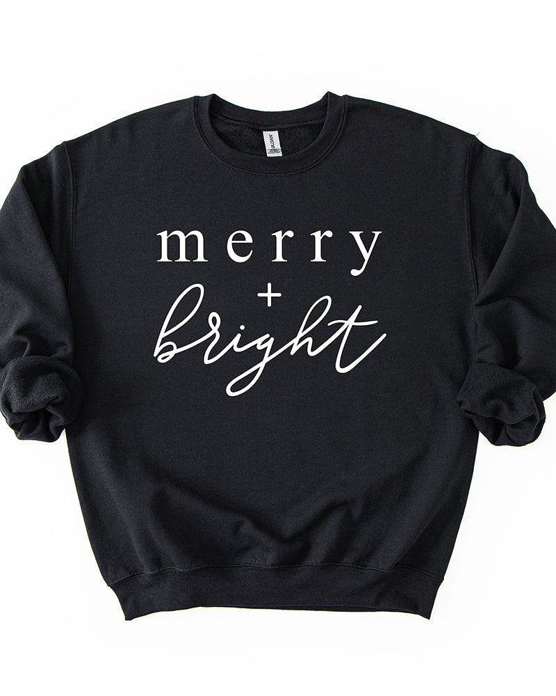 Black Merry + Bright holiday crewneck sweatshirt with white lettering