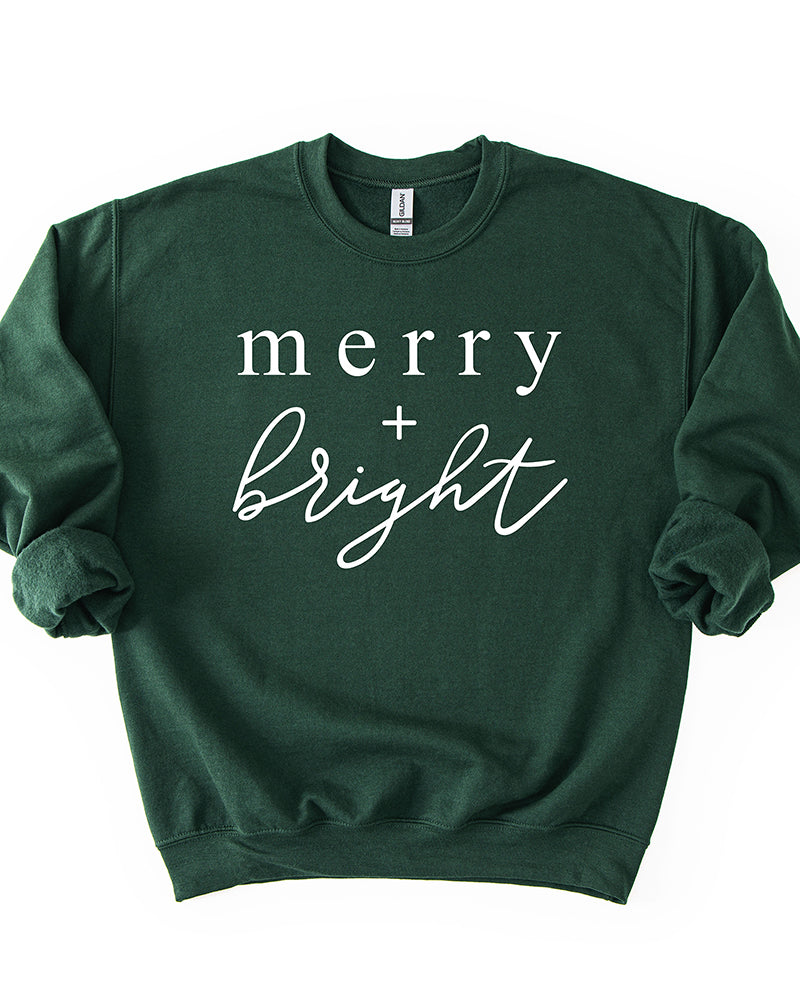Forest green Merry + Bright Christmas crewneck sweatshirt with white graphic