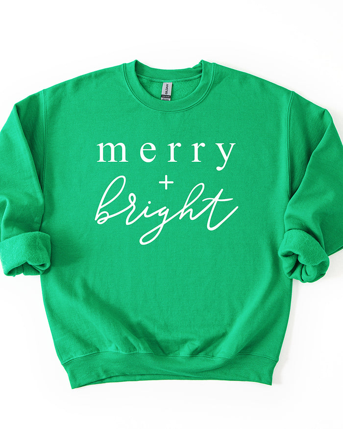 Irish green Merry + Bright Christmas crewneck sweatshirt with white graphic