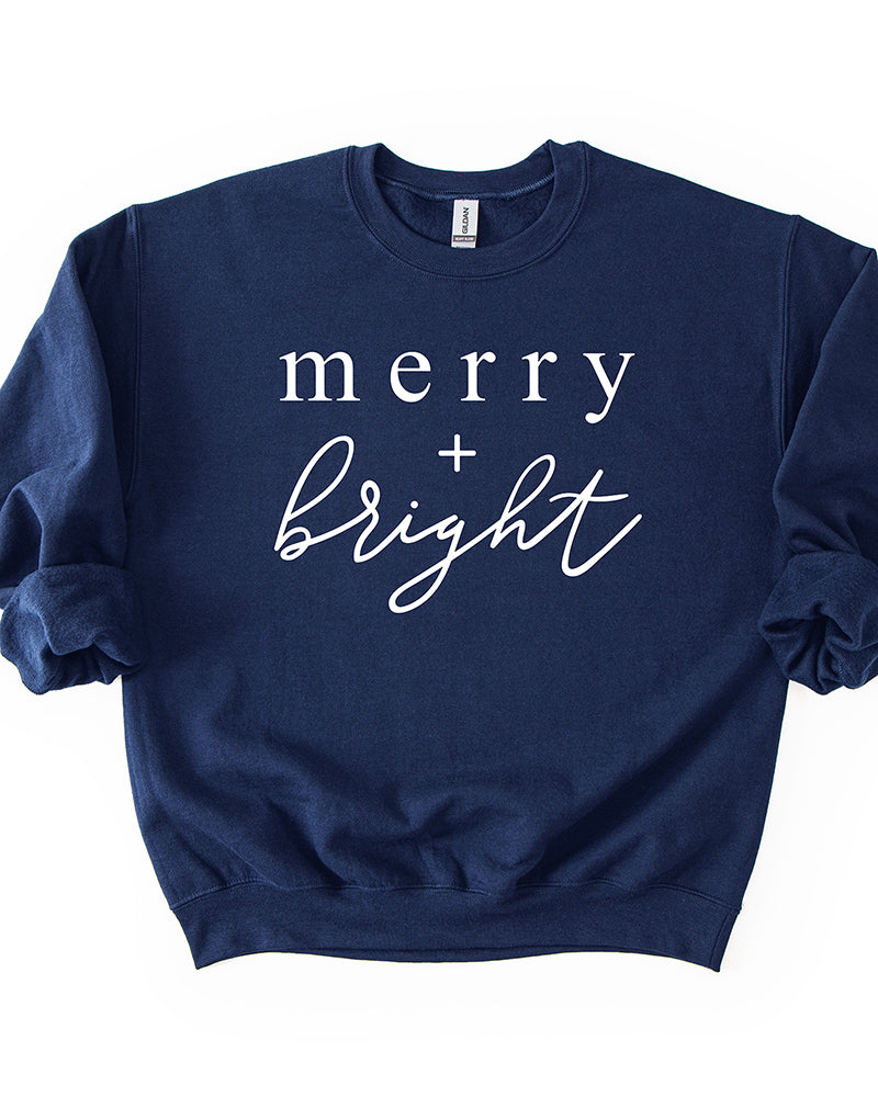 Navy Merry + Bright Christmas crewneck sweatshirt with white lettering