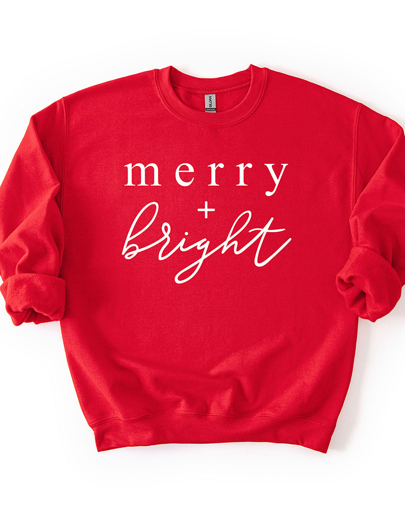 Red Merry + Bright Christmas crewneck sweatshirt with white graphic