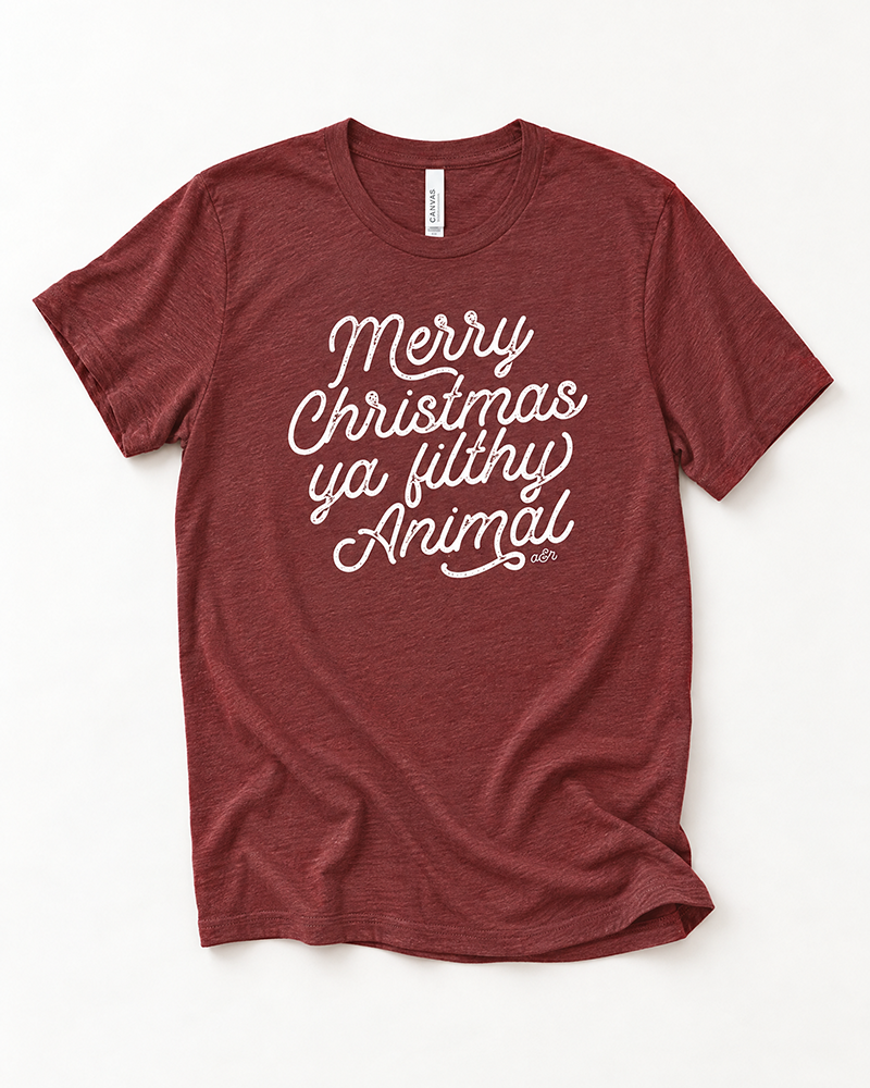 Merry Christmas Ya Filthy Animal lightweight Christmas graphic tee in cardinal red