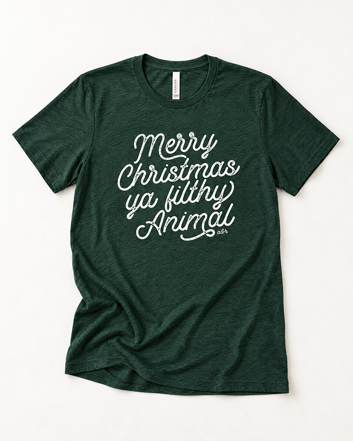 Emerald green Merry Christmas Ya Filthy Animal lightweight Christmas graphic tee