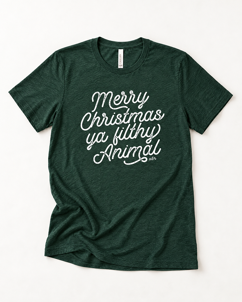 Emerald green Merry Christmas Ya Filthy Animal lightweight Christmas graphic tee