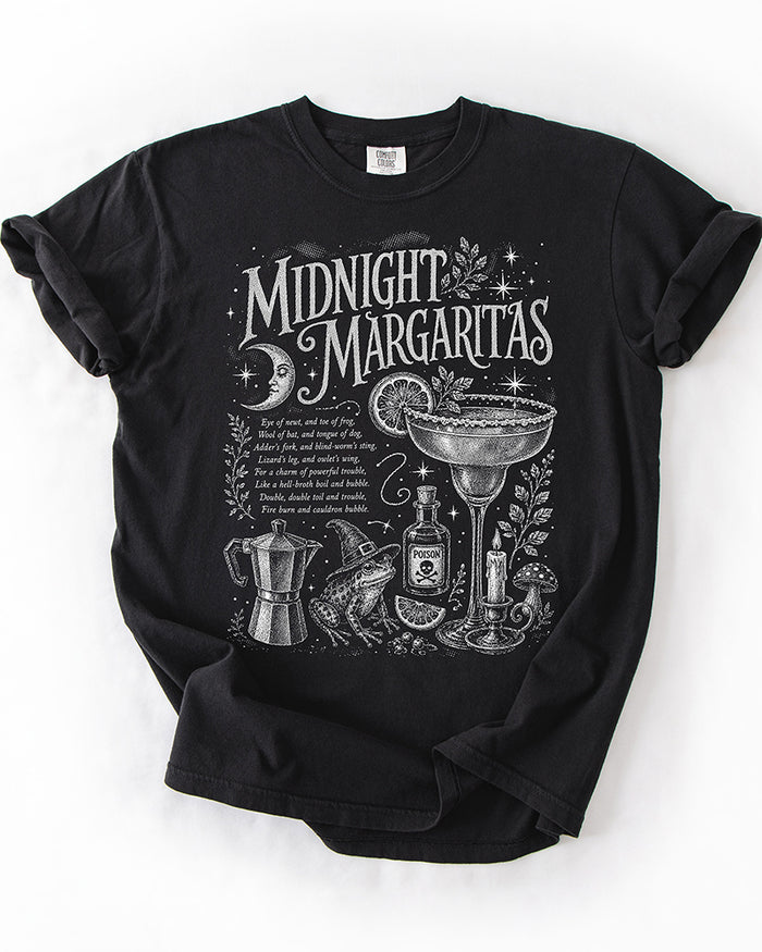 Midnight Margaritas black witchy graphic tee with moon, margarita, frog and potion design