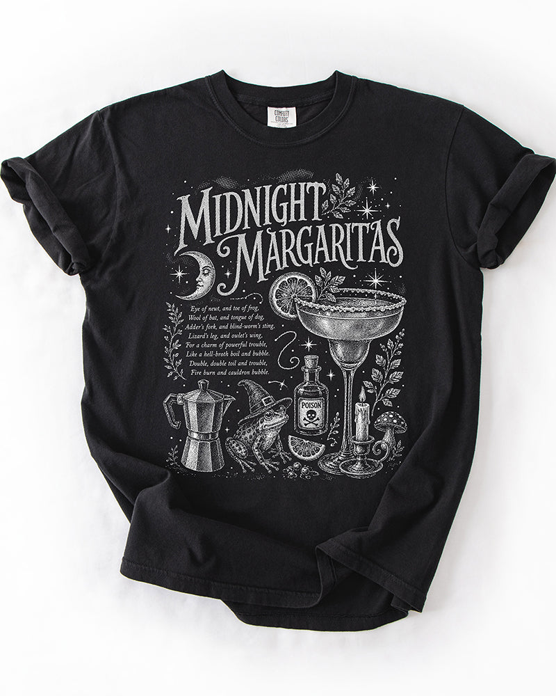 Midnight Margaritas black witchy graphic tee with moon, margarita, frog and potion design