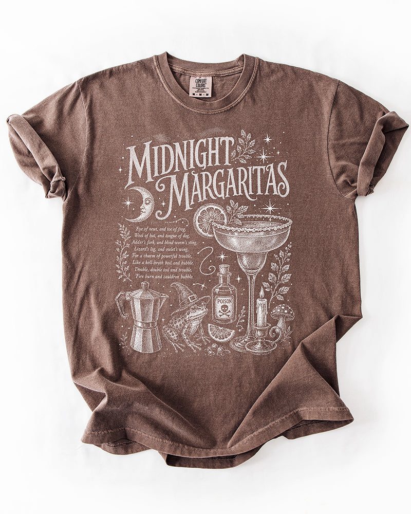 Espresso brown Midnight Margaritas witchy graphic tee with vintage ivory artwork