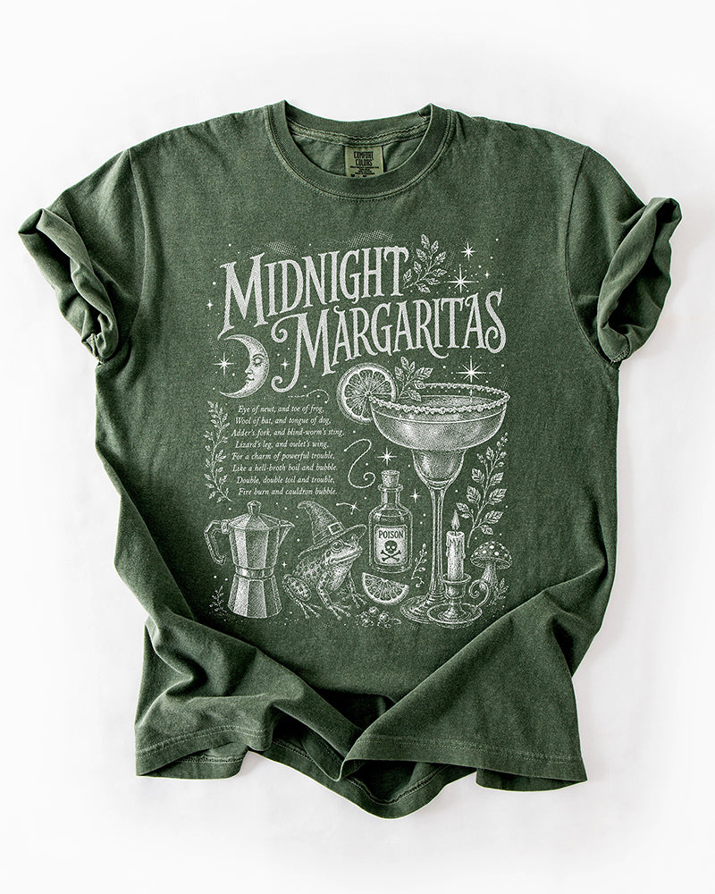 Hemp green Midnight Margaritas witchy graphic tee with moon and potion artwork