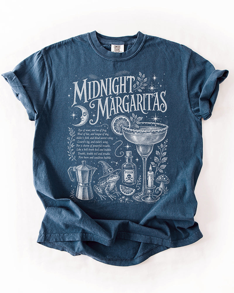 Midnight blue Midnight Margaritas witchy graphic tee with vintage ivory design