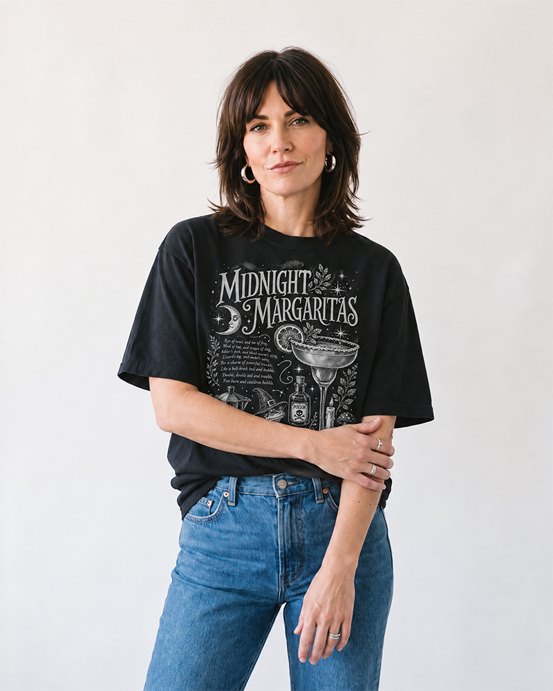 Woman wearing black Midnight Margaritas witchy graphic t-shirt