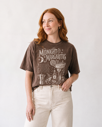 Woman wearing espresso brown Midnight Margaritas vintage witchy t-shirt