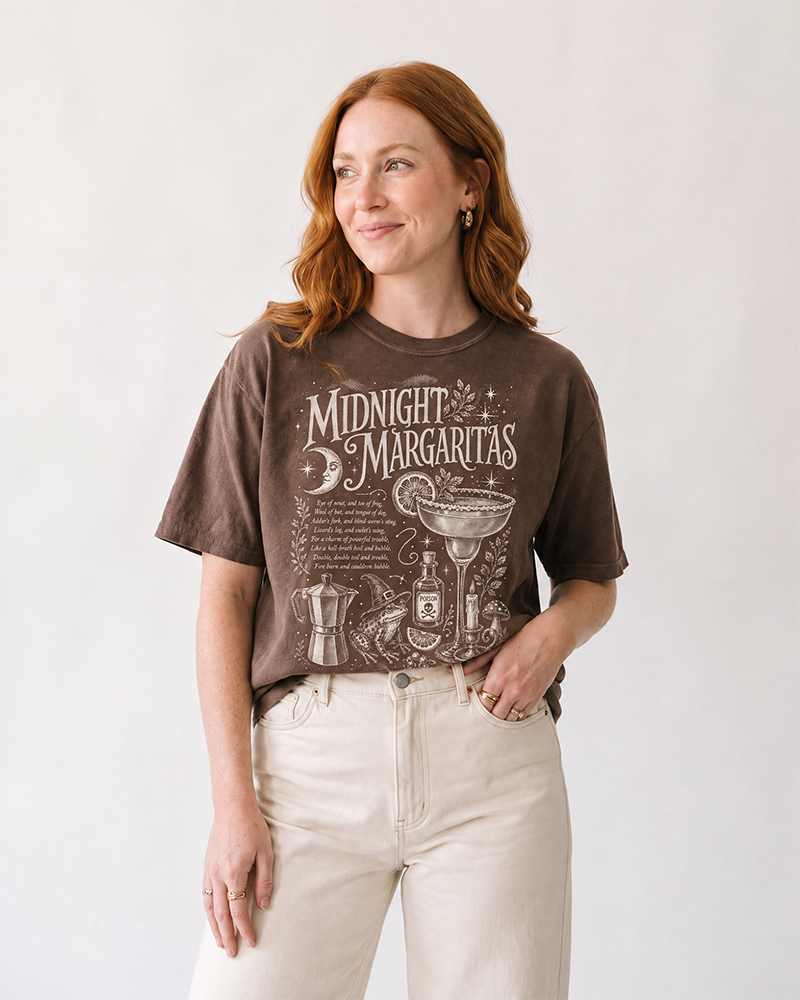Woman wearing espresso brown Midnight Margaritas vintage witchy t-shirt