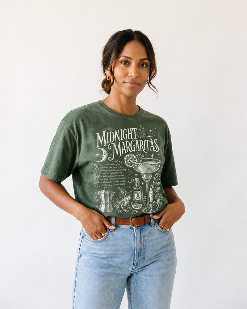 Woman wearing hemp green Midnight Margaritas vintage witchy t-shirt