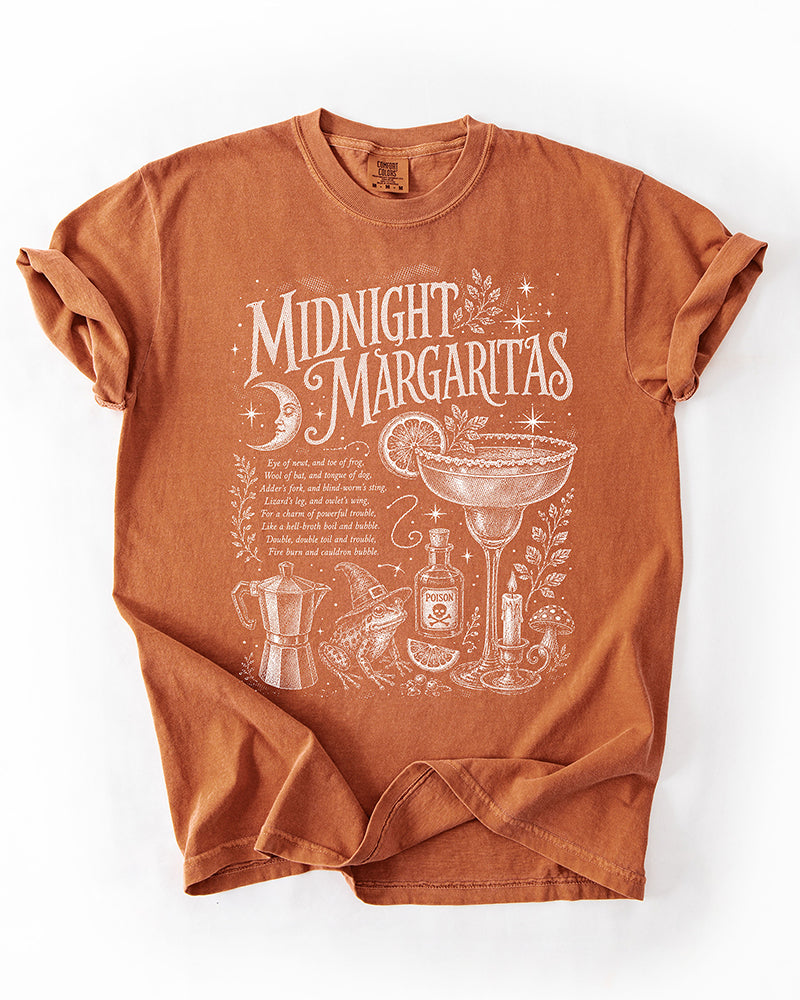 Yam orange Midnight Margaritas witchy graphic tee with vintage cream artwork