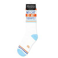 My Cat Is My Therapist novelty gym sock with colorful retro stripes in original packaging