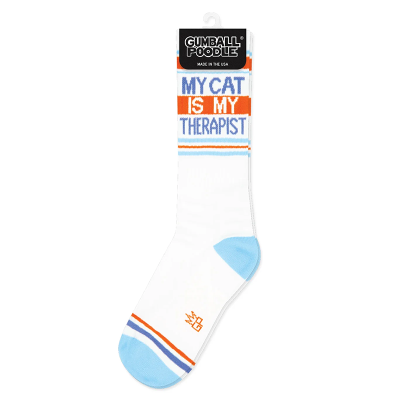 My Cat Is My Therapist novelty gym sock with colorful retro stripes in original packaging