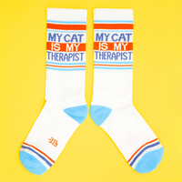 Pair of My Cat Is My Therapist funny cat socks with light blue toes and retro orange stripes